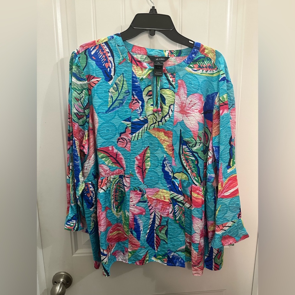 NWT Ali Miles Vibrant Multicolor Leaf Print Blouse boho artsy XL